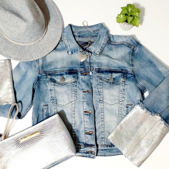 🎉HP!🎉💎NEW RACHEL Rachel Roy Silver Cuff Denim Jacket - Picture 2 of 10